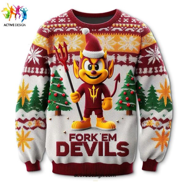 Arizona State Sun Devils Football Fork ‘Em, Devils Christmas Ugly Sweater