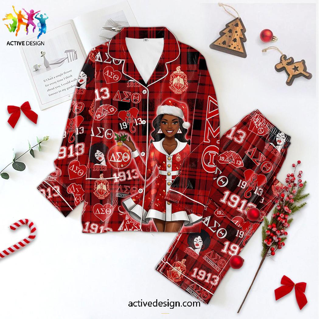 Delta Sigma Theta Holiday Spirit In Red Plaid Christmas Satin Pajamas Set Delta Sigma Theta Holiday Spirit In Red Plaid Christmas Satin Pajamas Set