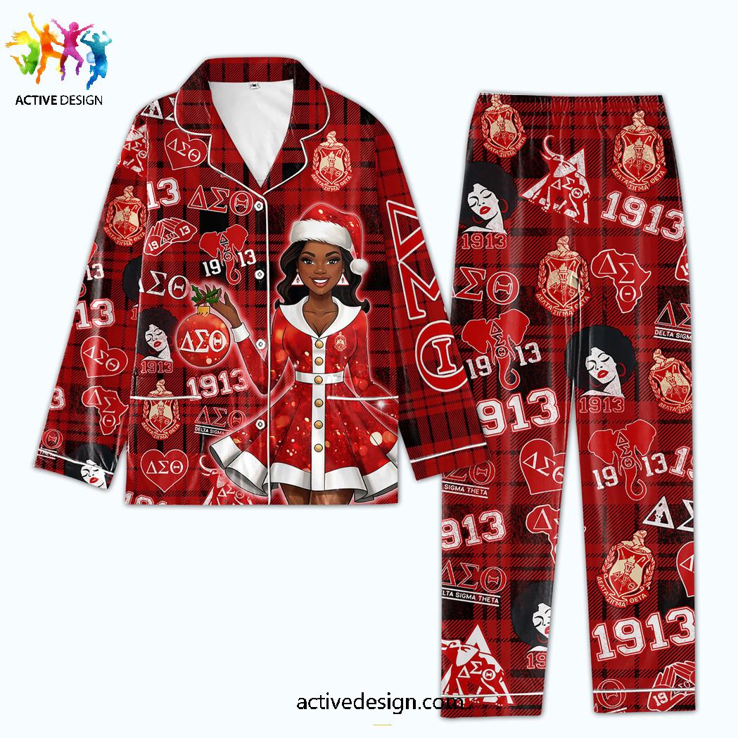 Delta Sigma Theta Holiday Spirit In Red Plaid Christmas Satin Pajamas Set Delta Sigma Theta Holiday Spirit In Red Plaid Christmas Satin Pajamas Set